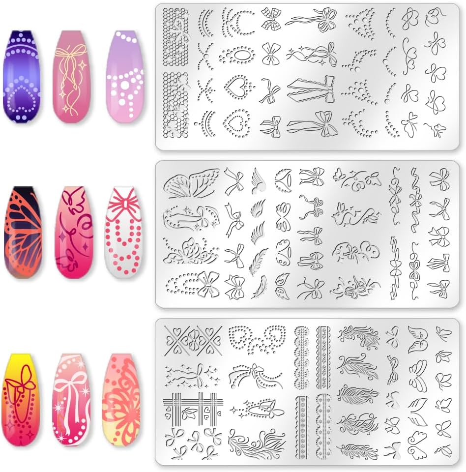 3Pcs Pearl Feathers Lace Nail Stamping Plate Bows Heart Wings Nail Stamping Templates French Tip Nail Art Stamp Image Plate Stainless Steel DIY Reusable Tools for Manicure Printing