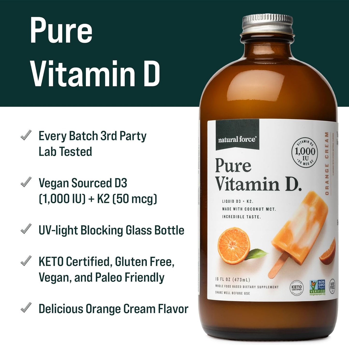 Natural Force Pure Vitamin D – Liquid D3 & K2 with Coconut MCT –1,000 IU, Immunity & Nutrient Absorption Booster- Vegan - Orange Cream, 16 fl oz