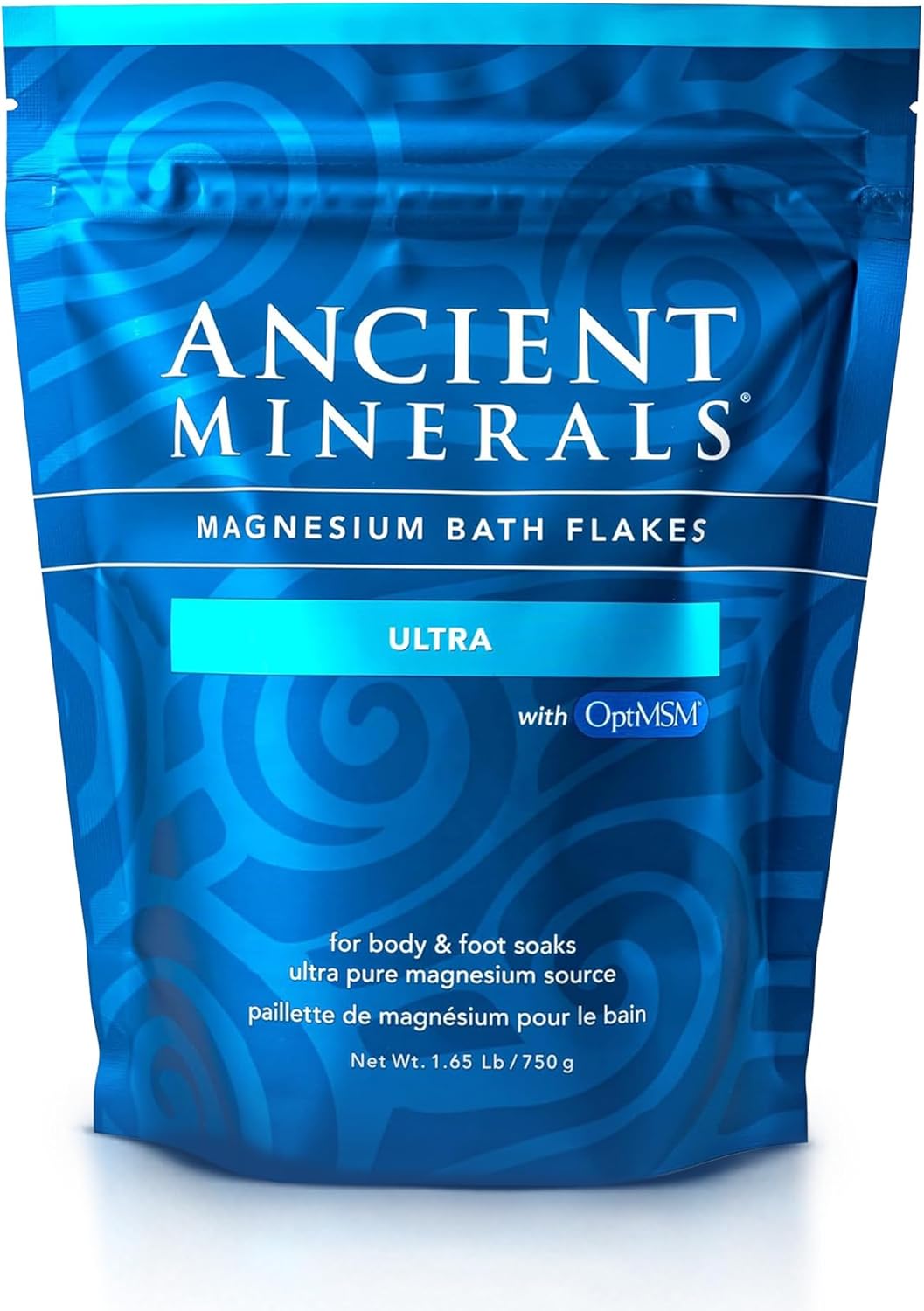 Ancient Minerals Magnesium Bath Flakes Ultra with OptiMSM – Pure Zechstein Magnesium Chloride and Organic Sulfur Bath Salts, Soothing Mineral Soak for Skin & Body, 1.65 lb