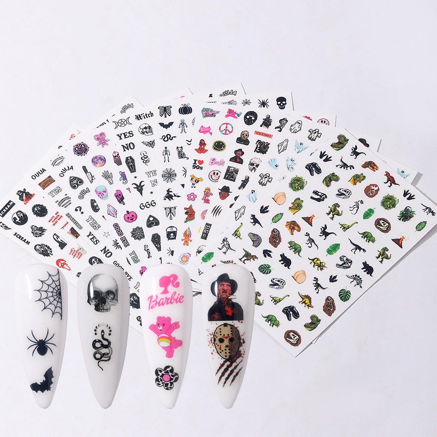 9 Sheets Halloween Nail Art Stickers Decals Scary Film Characters Ghost Face Skull 3D Self-Adhesive Nail Supplies Terror Vampire Spider Web Designs Holiday DIY Manicure Decorations for Women Kids Men