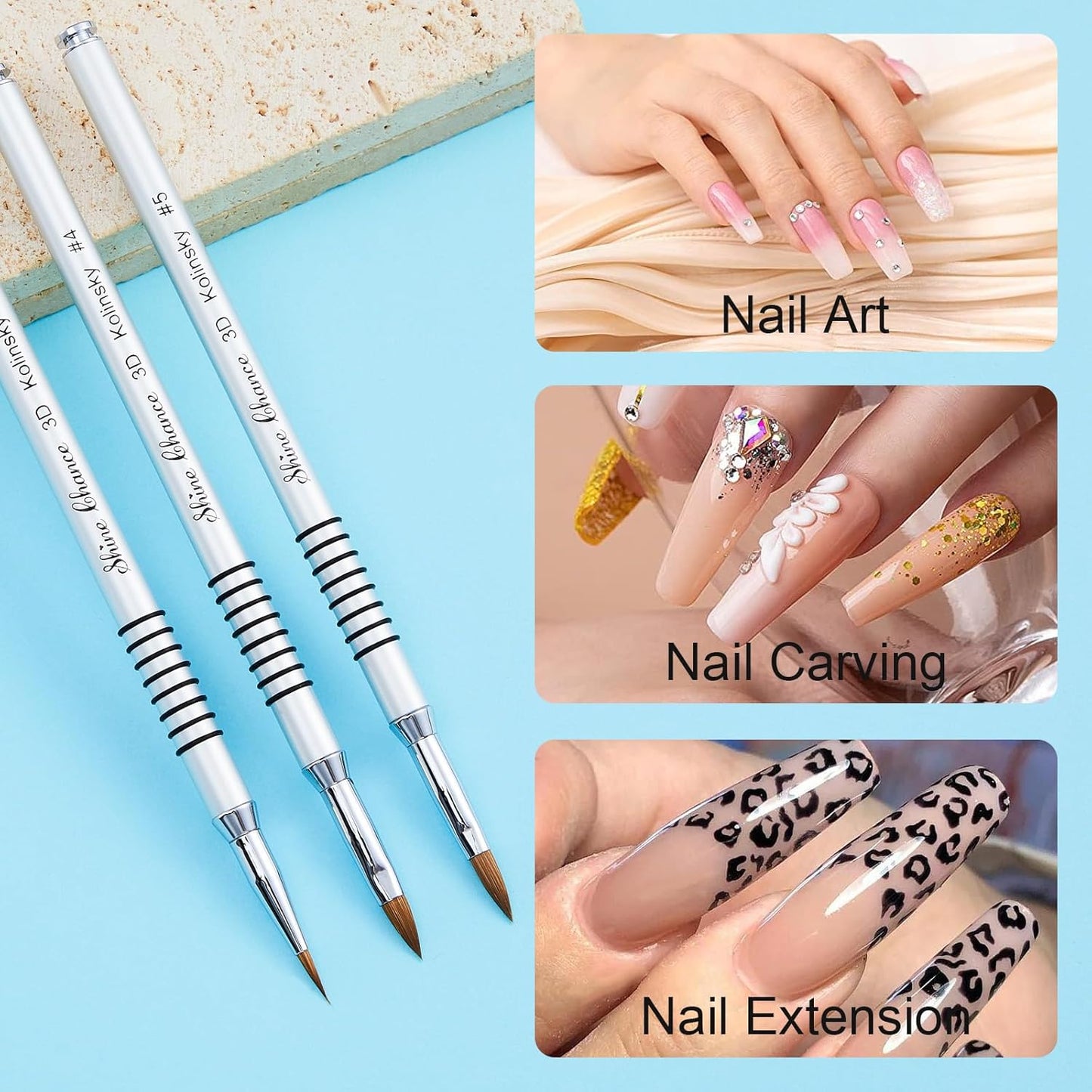 3Pcs 3D Nail Brushes Set Size 2 4 5, Kolinsky Hair Acrylic Flower Nail Art Brush, Art Design & Polish Mistake Cleaning Manicure Tools for Women Acrylic Application, Silver