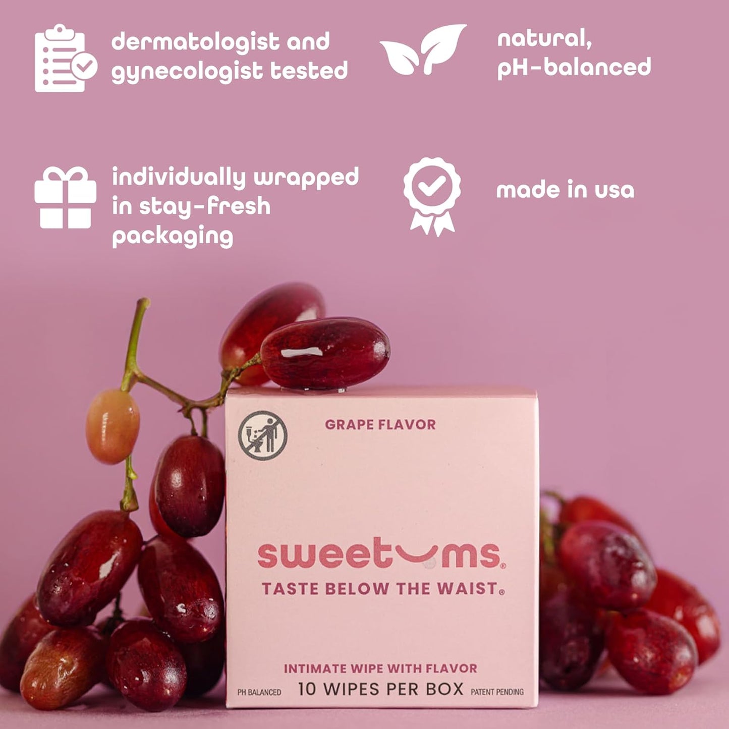 Feminine Wipes For Women, Individually Wrapped - pH Balanced Flavored Intimate Wipes - Grape, Pack of 10