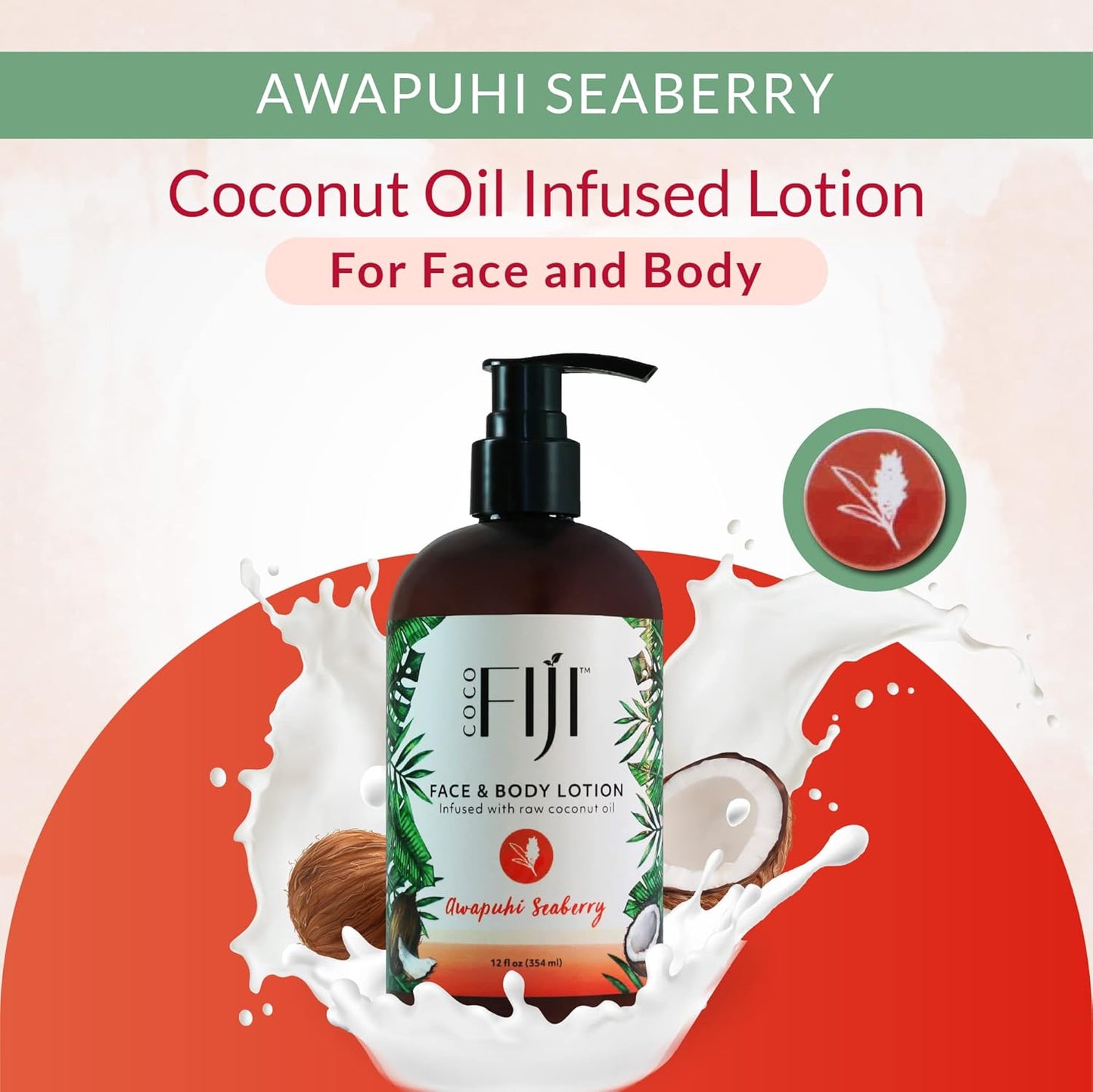 Coco Fiji Face & Body Lotion Infused With Coconut Oil | Lotion for Dry Skin | Moisturizer Face Cream & Massage Lotion for Women & Men | Awapuhi Seaberry 12 oz, Pack of 3