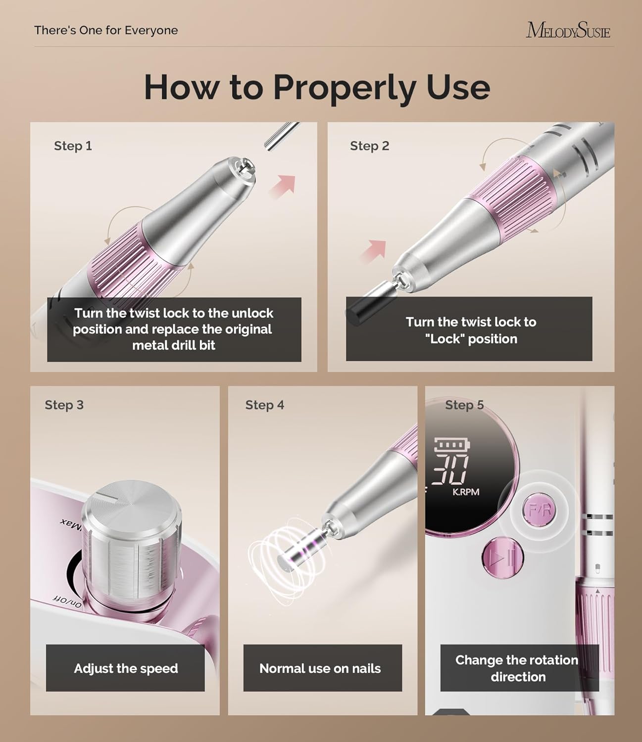 MelodySusie Portable Nail Drill 30000 RPM,SC320F Professional Rechargeable Electric Nail File,Cordless Nail E File for Acrylic Nails Gel Polishing Removing,Efile Nail Kit for Manicure Salon Home,Rose