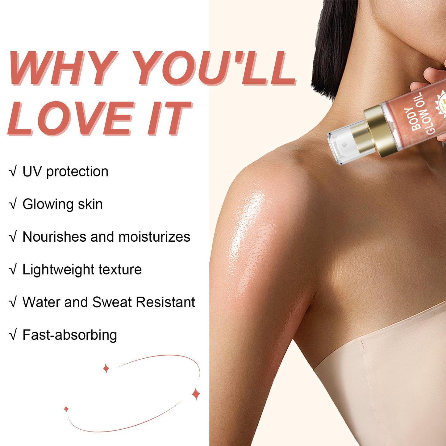 Body Glow Oil, Sunscreen Shimmer Oil, SPF 45 Broad Spectrum, Body Oil with with Coconut Oils, Moisturizing Glow for Face & Body, Liquid Illuminator Highlighter, Water Resistant, 3.72 fl oz (#02 ROSE)