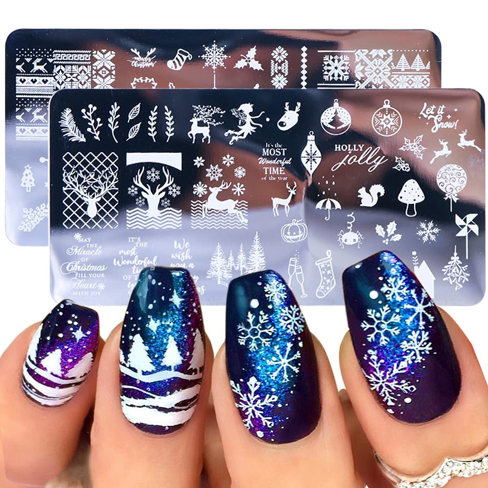 Christmas Nail Stamping Plates, 5Pcs Christmas Nail Stamper Kit Snowflakes Xmas Tree Bell Snowman Elk Nail Art Stencils Plates Winter Nail Stamp Kit Manicure Template Design Tool