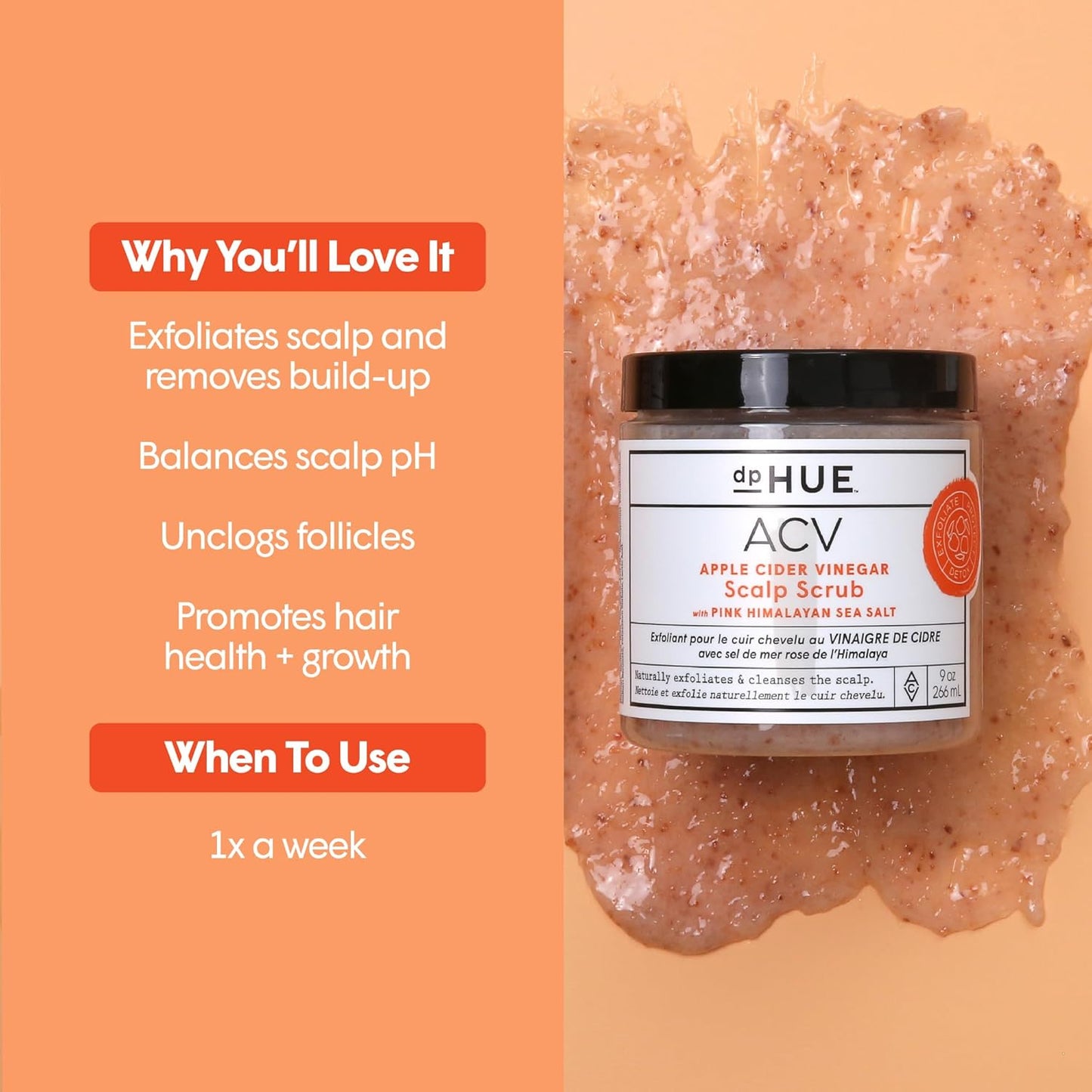 dpHUE Apple Cider Vinegar Scalp Scrub with Pink Himalayan Sea Salt, 9 oz - Natural Exfoliating Scrub & Dry Scalp Treatment - Aloe Vera & Avocado Oil - Gluten Free, Vegan