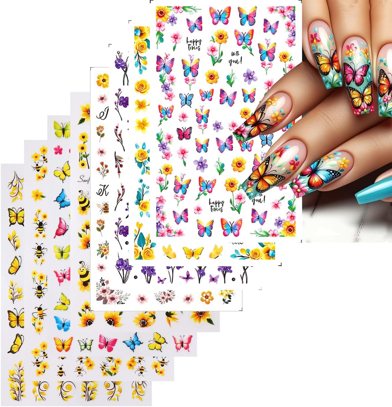 Stickers para Uñas Nail Stickers Self-Adhesive Sticker Butterfly Flower Calcomanías para Uñas Bee Colorful Floral Art Design Accessories Hight Quality 8 Sheets