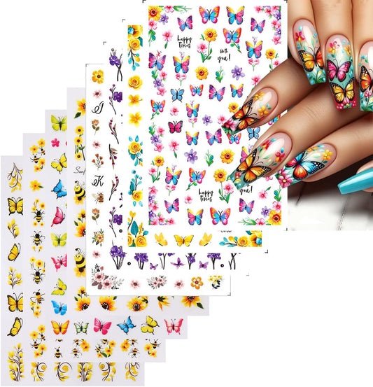 Stickers para Uñas Nail Stickers Self-Adhesive Sticker Butterfly Flower Calcomanías para Uñas Bee Colorful Floral Art Design Accessories Hight Quality 8 Sheets
