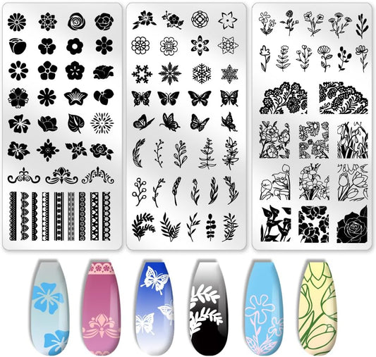 3Pcs Mix Floral Design Nail Stamping Plate Lace Flowers Nail Stamping Templates French Tip Art Stamp Plates Image Plate Stainless Steel DIY Reusable Tools for Manicure Printing