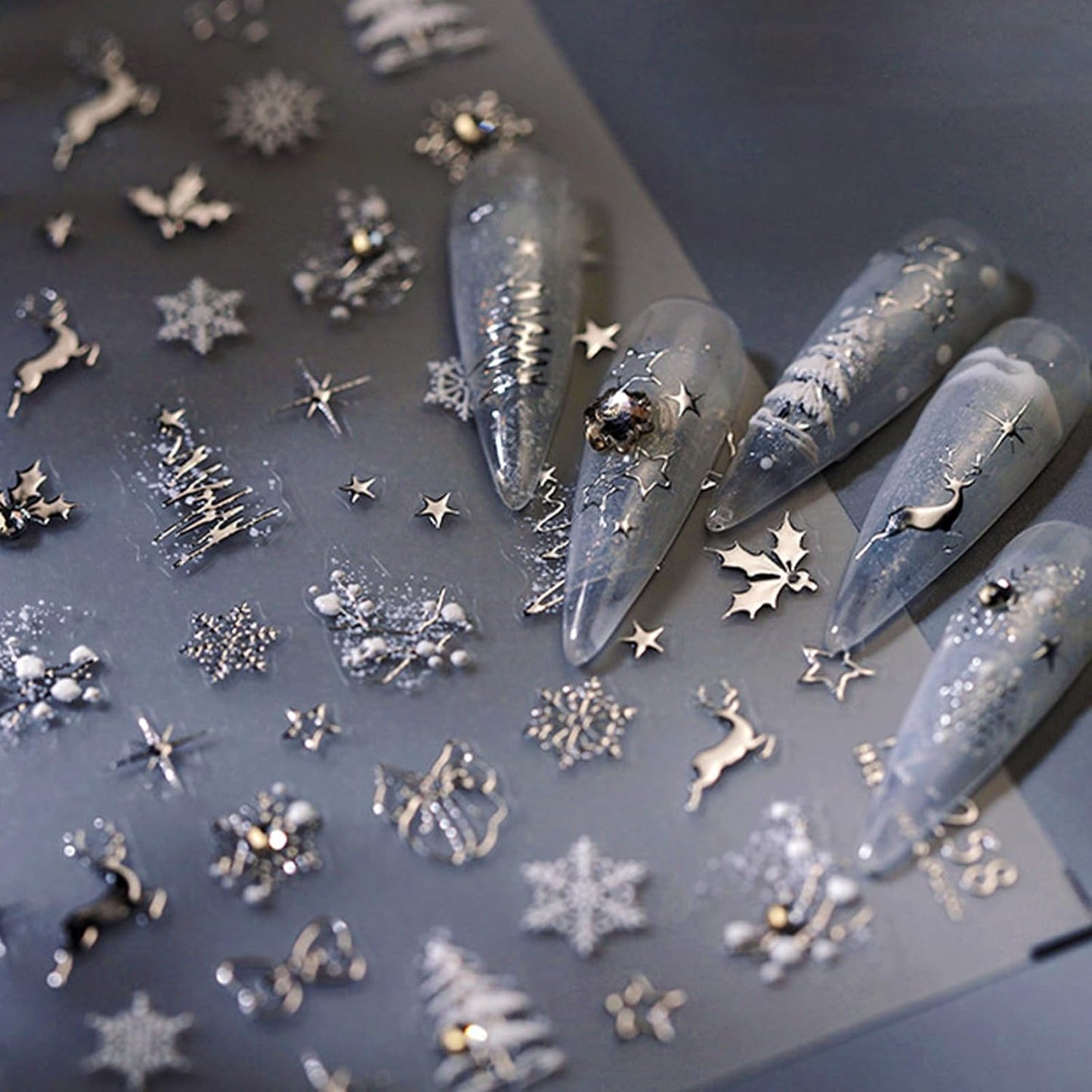 Christmas Nail Stickers for Nail Art Glitter Silver Reindeer Christmas Tree Nail Art Stickers Winter Xmas 5D Embossed Nail Decals 3D Self-Adhesive Nails Supply Manicure Sliders for Nails Decoration