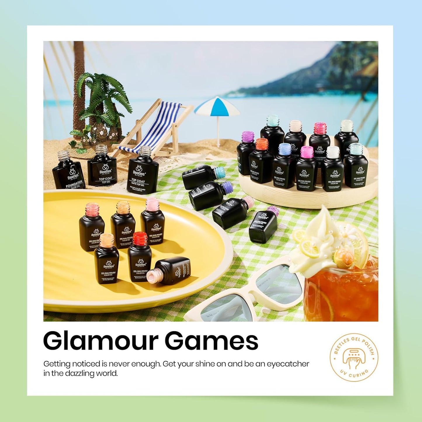 Beetles Gel Nail Polish Set, 20 Colors Blue Nude Pink Purple Orange Glitter Gel Polish Glamour Games Collection with Base Top Coat Nail Art Soak off Nail Manicure Gift for Girls Women