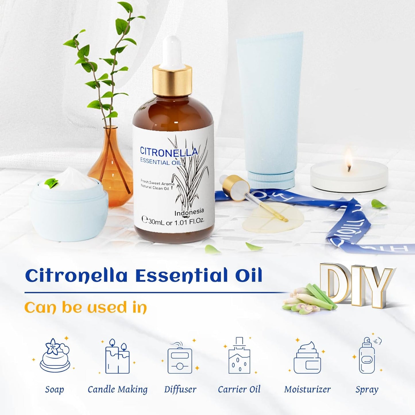 HIQILI 1 Fl Oz Citronella Essential Oil, 100% Pure Undiluted for Aromatherapy Diffuser for Home - 30ML