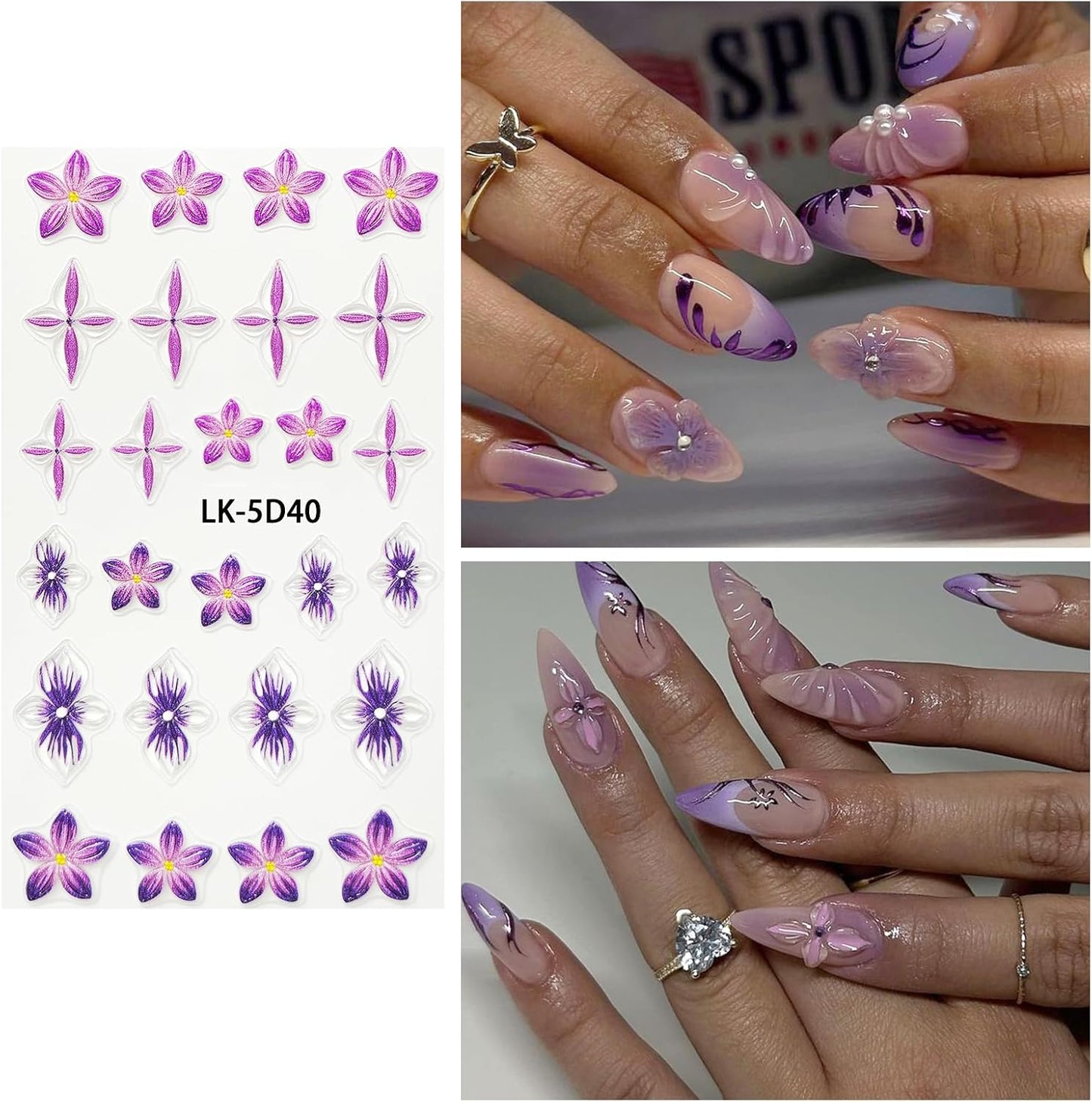 Nail Art Stickers Decals 5D Embossed Flower Nail Decals Self Adhesive Spring Summer Supplies 3D Lavender for Women Nails Design Decoration Purple Red Flower Nails Stickers