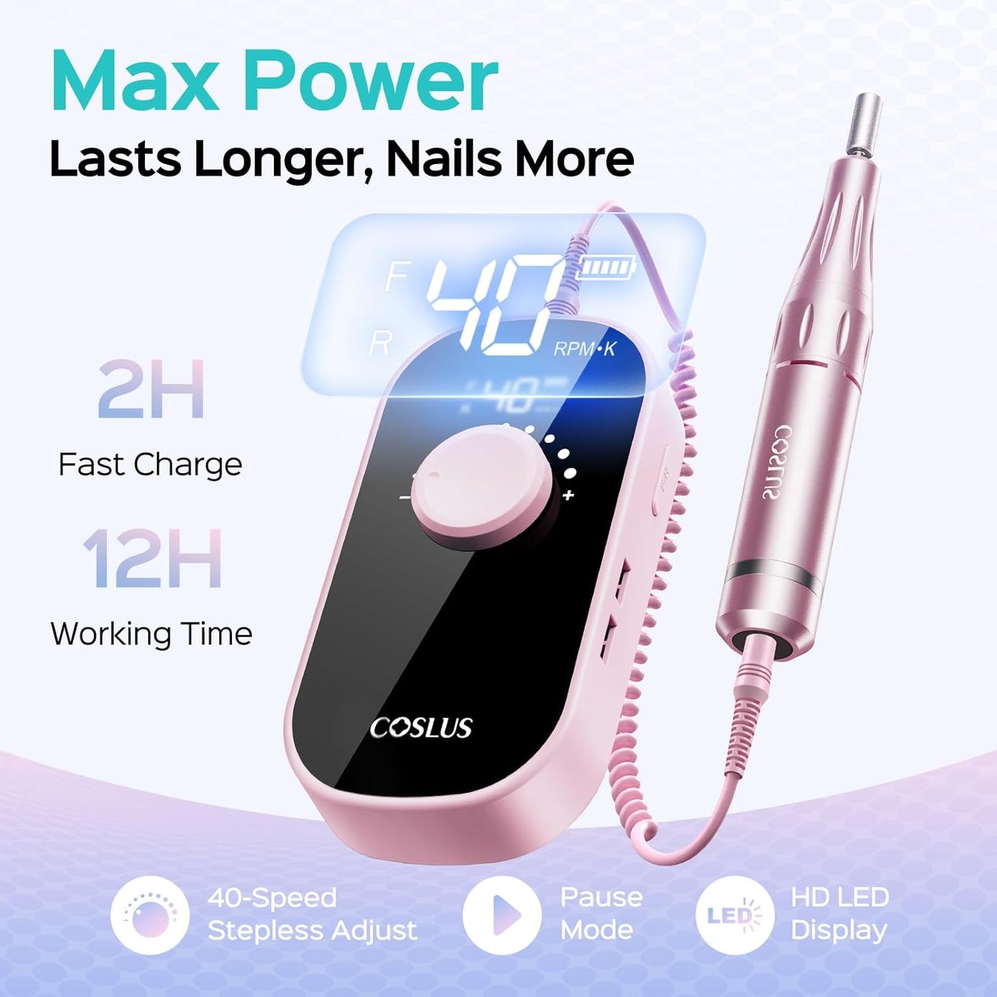 COSLUS Professional Rechargeable Electric Nail Drill 40000 RPM, Portable Nail File with Storage Stand for Acrylic Gel Polishing Removing - Easy to Use for Women, Manicure at Home DIY or Salon, Pink