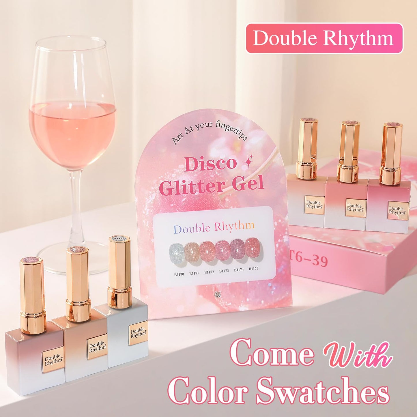 Double Rhythm 0.5 Oz Glitter Gel Polish Set of 6 Color with Display Board 15 ml Full Size Kit Shimmer Reflective Sparkle Soak Off Manicure Salon DIY at Home (Silver Nude Rose Coral Pink-T6-39)