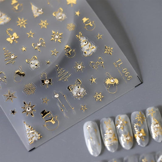 Christmas Nail Stickers 5D Embossed Gold Christmas Nail Decals Holiday Nail Art Stickers with Snowman Xmas Tree Star Snowflake Nail Design Christmas Nails Supplies for Women Girls