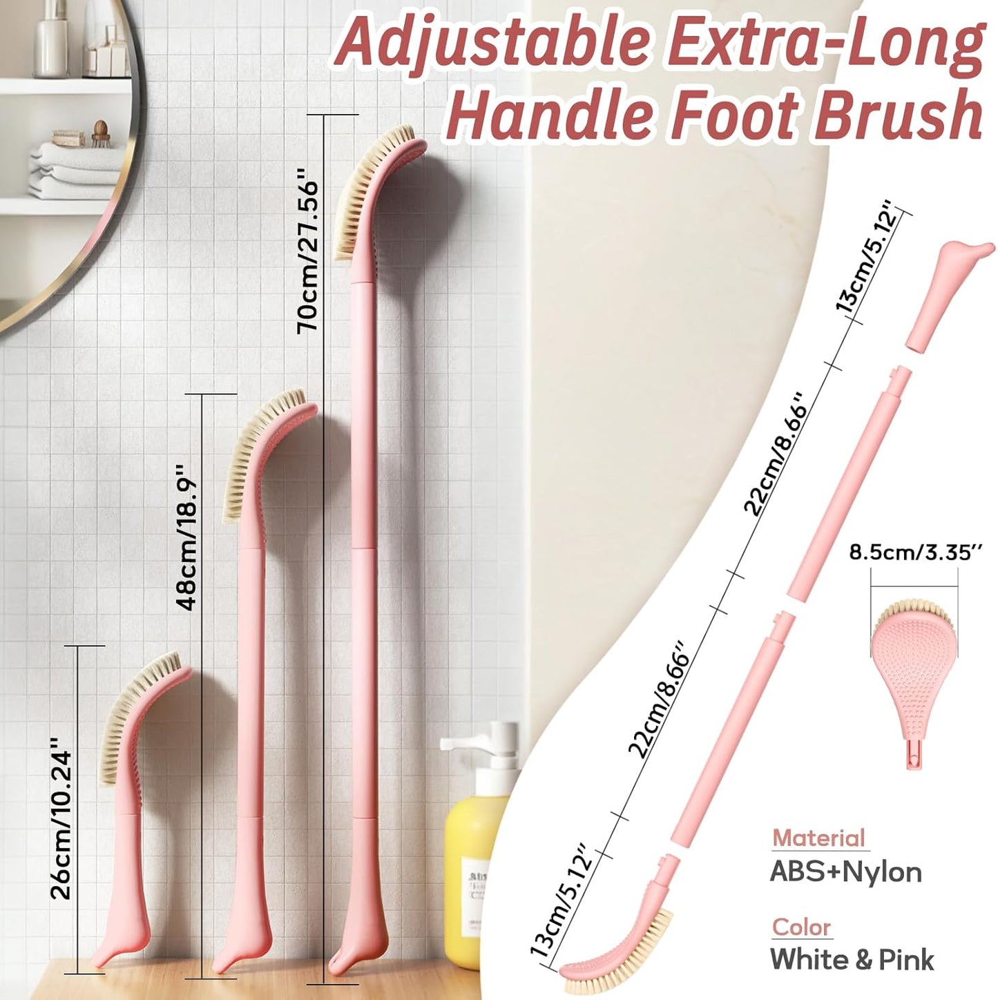 New Foot Brush & Silicone Body Scrubber Set(2PCS), 3-in-1 Foot Scrubber with Extra-Long Handle, 10.2’’-27.5’’Adjustable Feet Scrub Brush and Silicone Loofah, Gift-Box Packed(Pink+Loofah)