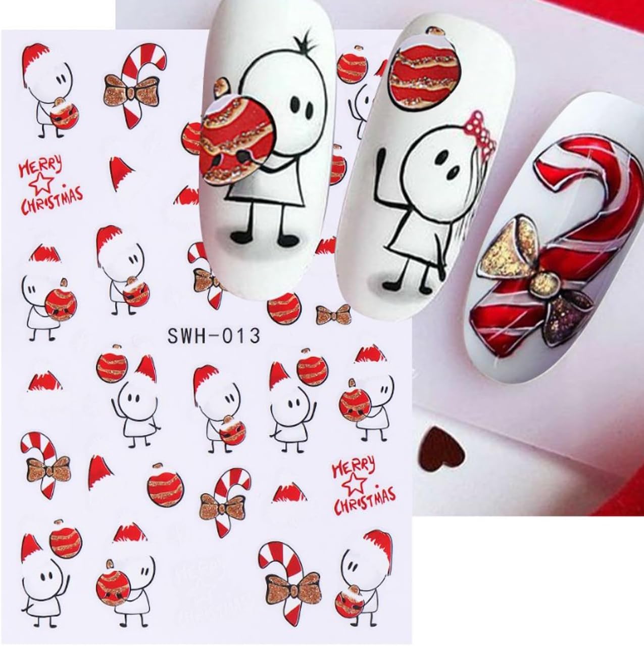 8 Sheets Christmas Nail Art Stickers - 3D Clock Glitter Firework Balloon Design, Candy Cane Cute Cartoon Cow Light Decals for Winter Xmas and New Year's - Supplies for Women Girls