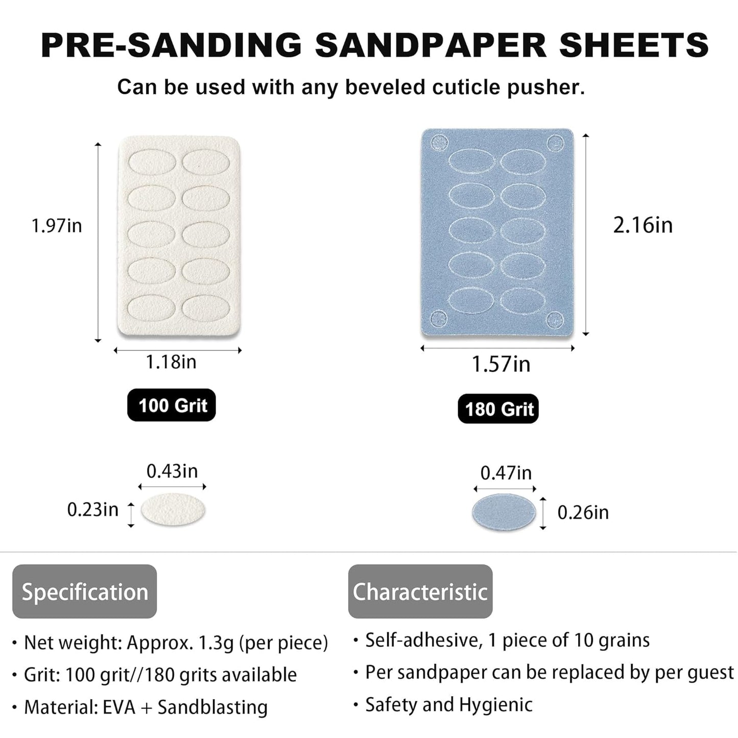 Pre-treatment Cuticle Pusher, Russian Prep Nail Pushers, Dual Ended Cuticle Remover with 100/180 Grit Sandpaper Sheets, Nail Care for Manicure Pedicure Nail Art