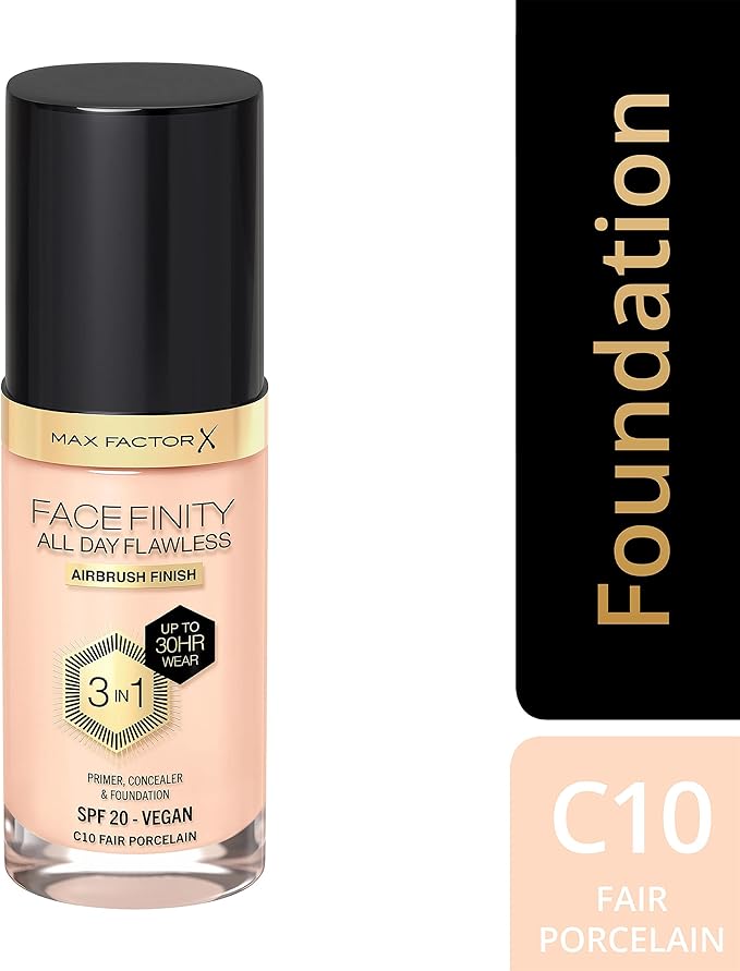 Max Factor Facefinity 3-in-1 All Day Flawless Liquid Foundation, SPF 20-10 Fair Porcelain, 30 ml
