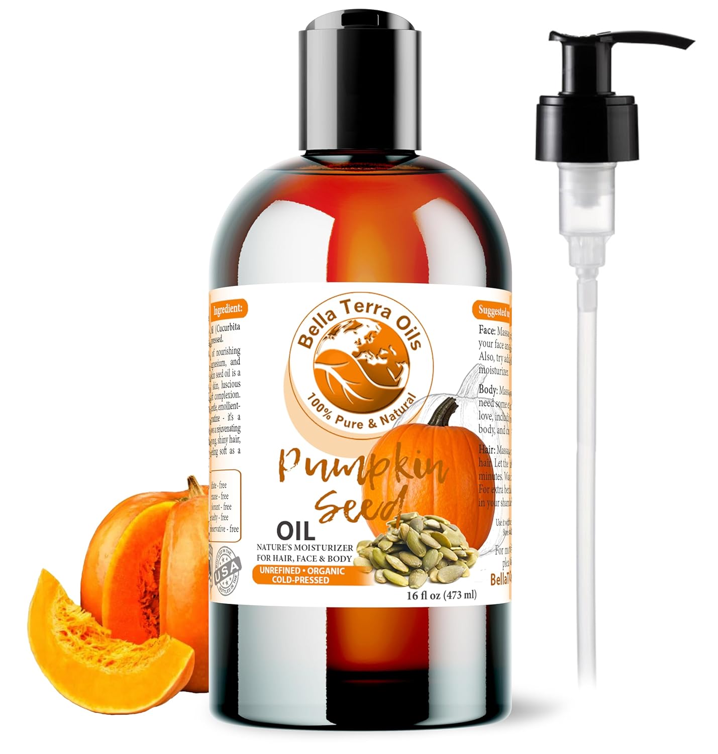 Bella Terra Oils - Organic Pumpkin Seed Oil 16oz - An Ode to Organic Pumpkin's Nutrient Array, Packed with Cucurbitin & Essential Amino Acids, A Skin's Cherished Elixir