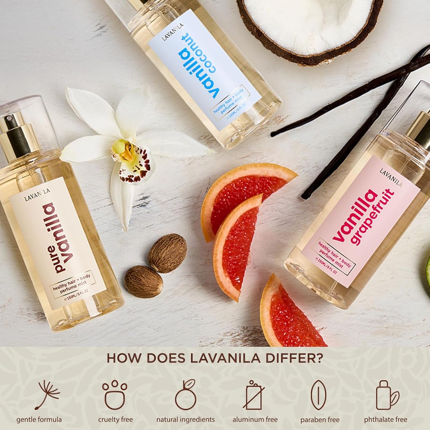 LAVANILA Vanilla Coconut Healthy Hair + Body Perfume Mist, 5 Fl Oz - Sweet & Tropical Fragrance Spray Formulated with Jojoba Oil, Madagascar Vanilla, Coconut, Tahitian Tiare Flower