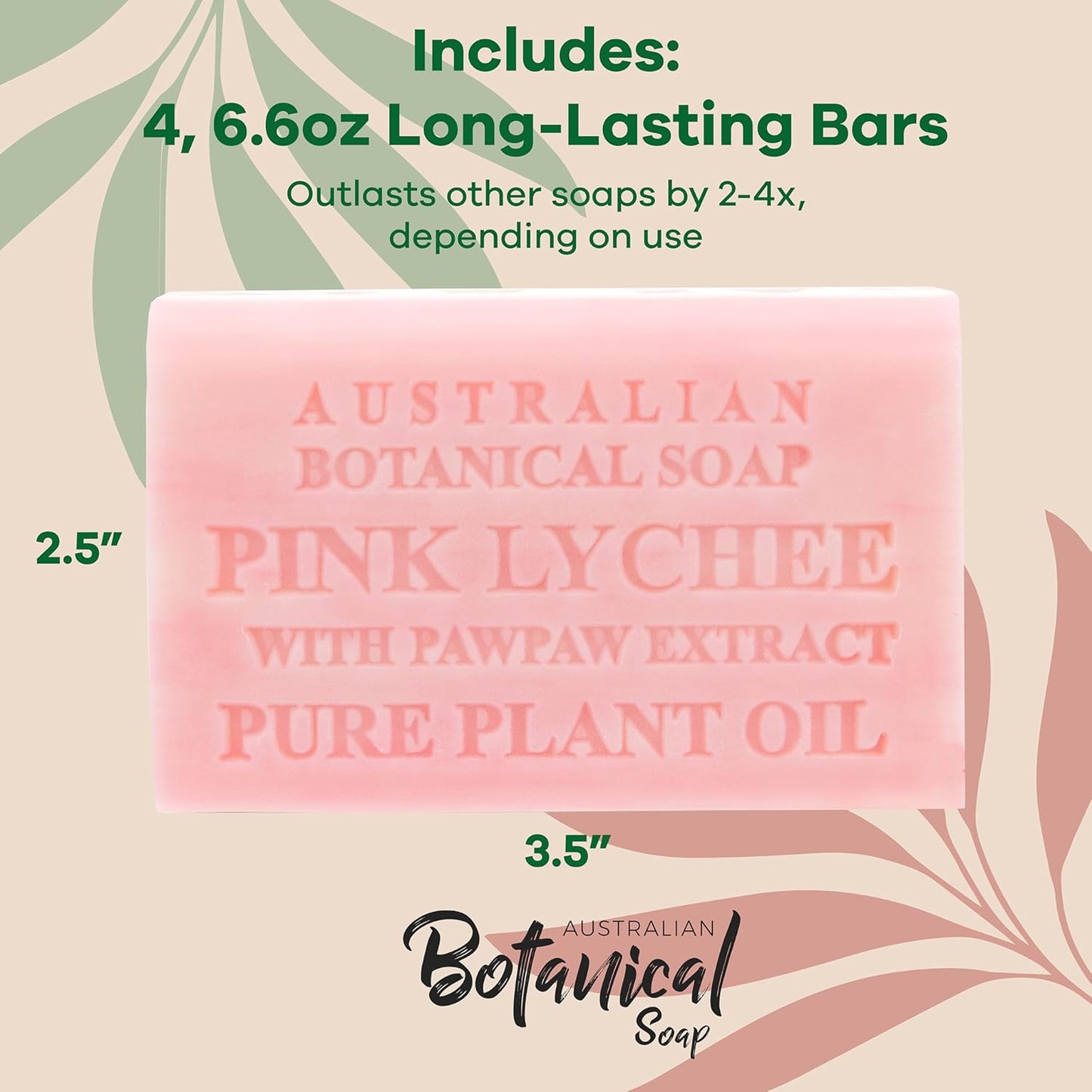 Australian Botanical Soap Pink Lychee with Pawpaw Extract 6.6 oz Luxury Soap Bars Enriched with Shea Butter, Sutiable for Men, Women and All Skin Types, Pack of 4