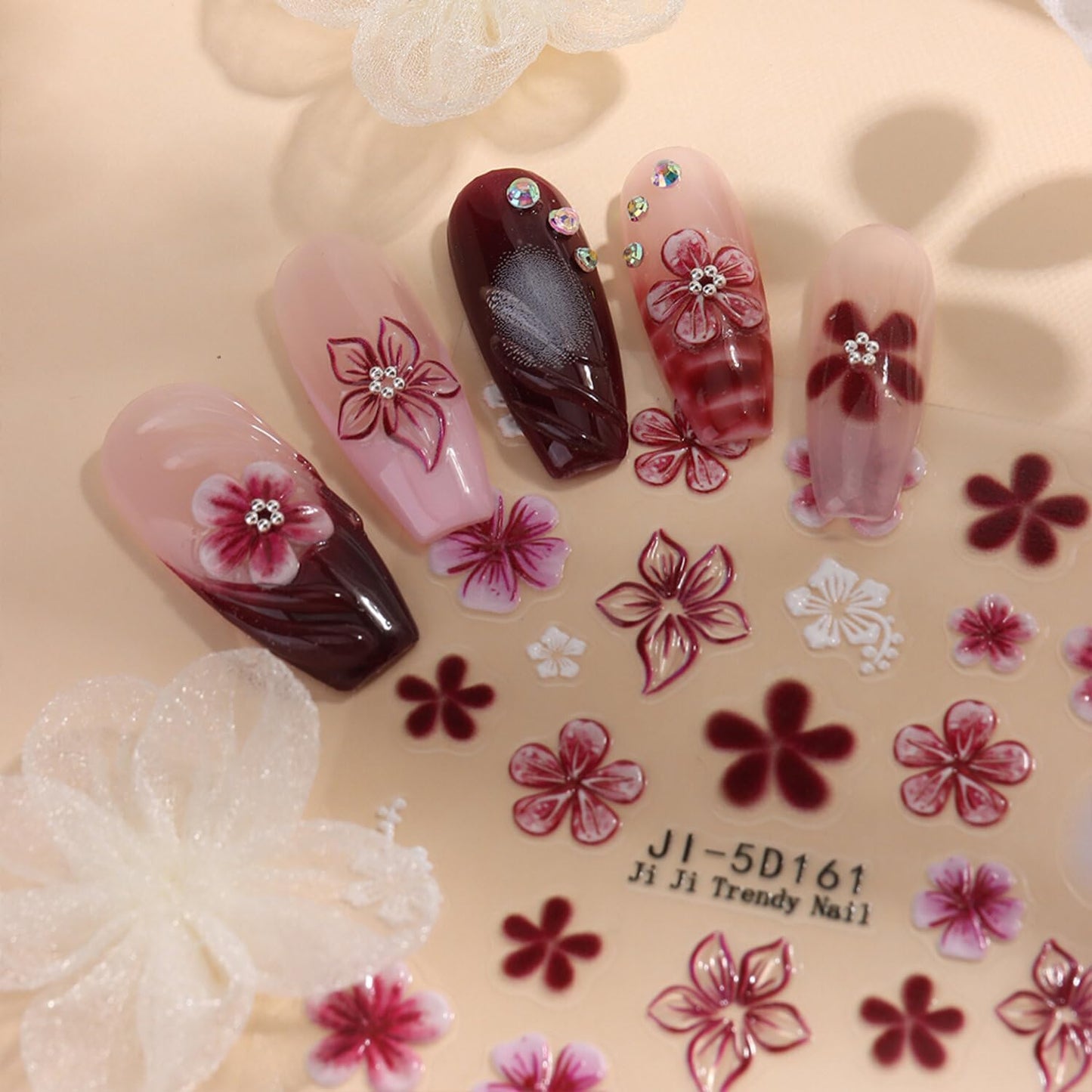 Stickers para Uñas Nail Stickers Self-Adhesive Sticker Red Blue 3D Wild Flower Calcomanías para Uñas Floral Art Design Accessories Hight Quality 3 Sheets