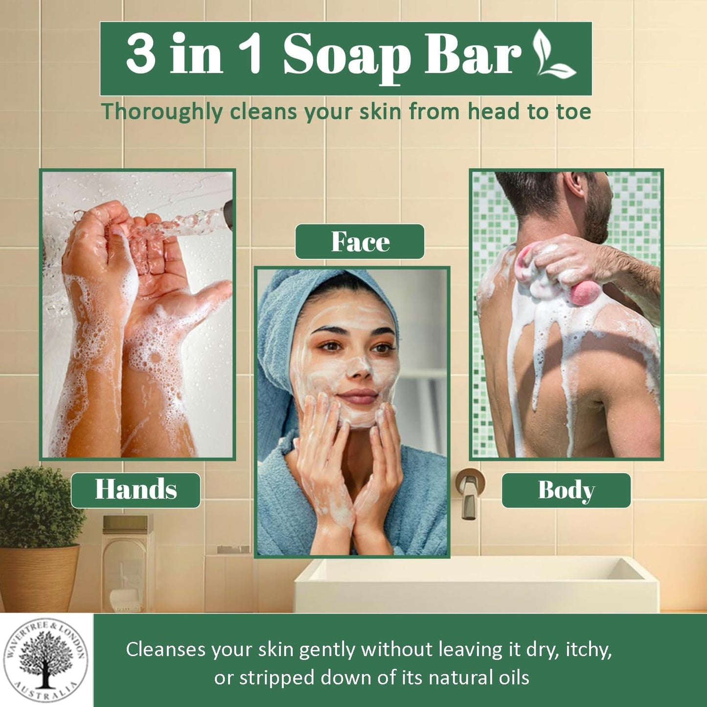 Wavertree & London Lemongrass & Lemon Myrtle Scented Natural Soap Bar, 7oz Moisturizing French Triple Milled Soap Bar for Women & Men enriched with shea butter - Pure Bath & Body soap bar