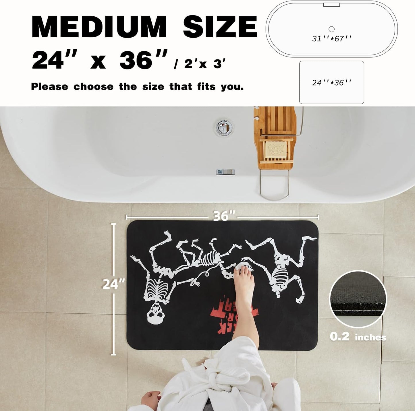 Halloween Bath Mat, Thin Halloween Bathroom Rug Non Slip Quick Dry Skeleton Bath Mat Fits Under Door Thin Floor Mat Halloween Decor, 24''x36'', Skull Treat or Trick Black