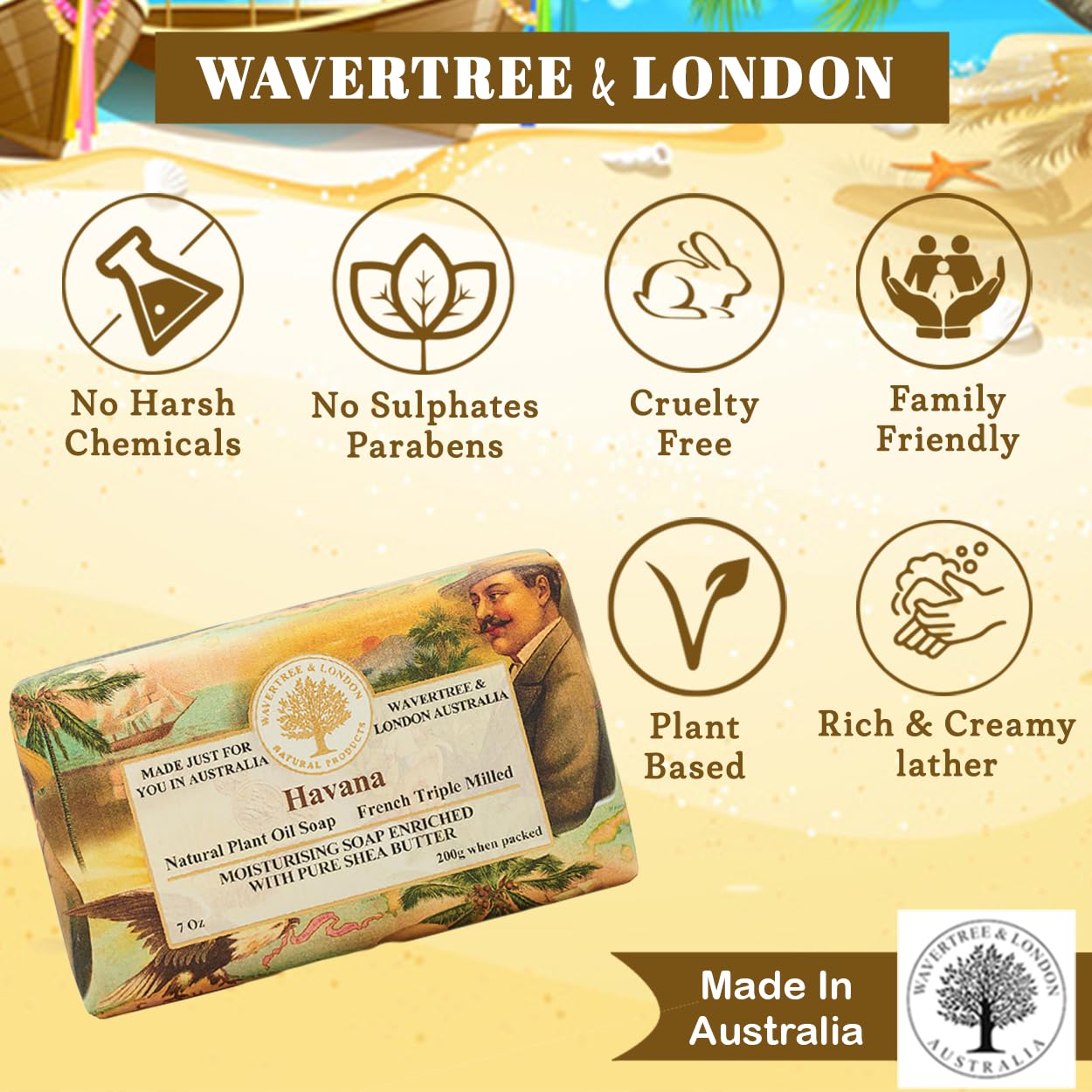 Wavertree & London Havana Scented Natural Soap (8 Bars), 7oz Moisturizing French Triple Milled Soap Bars enriched with shea butter - Pure Plant Oil Bath & Body Bars for All Skin Types