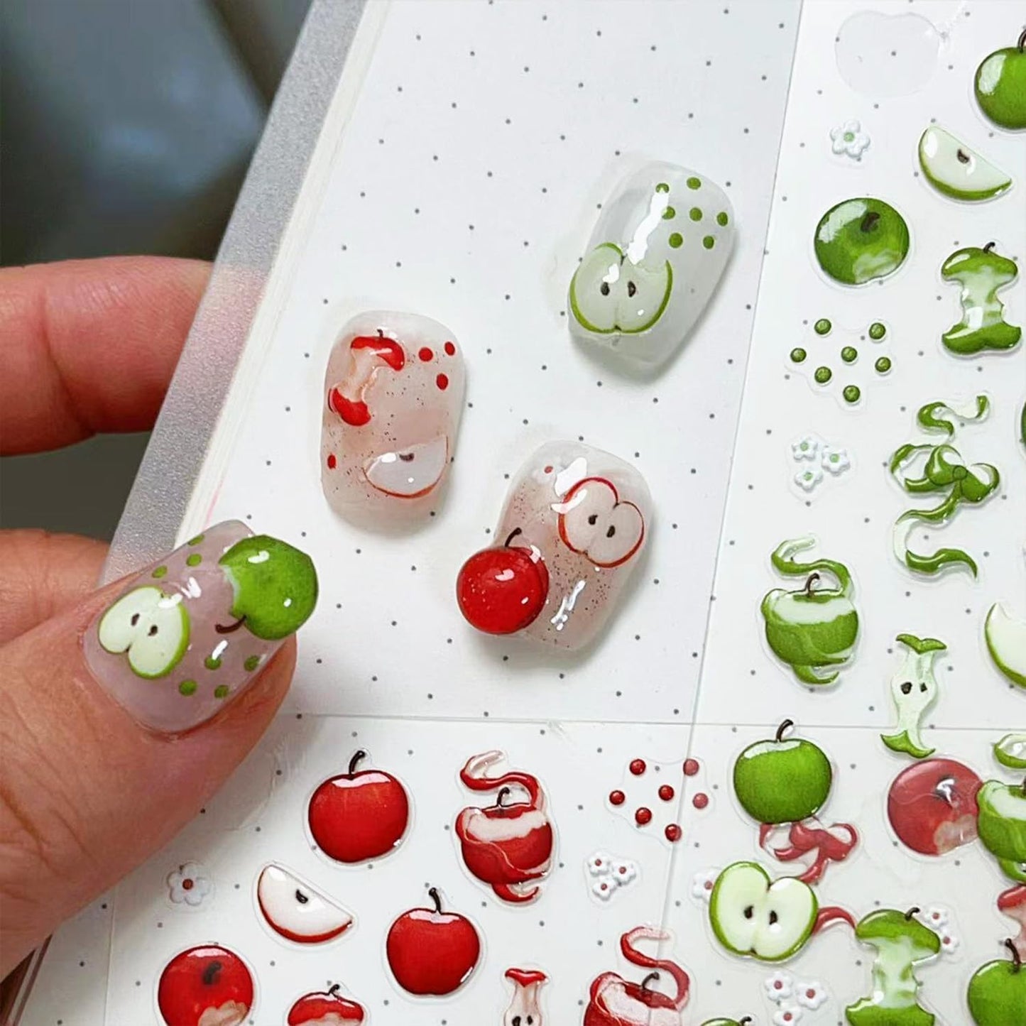 Apple Nail Stickers for Nail Art Cute Red Apple Sticker Flower Nail Art Stickers 5D Embossed Nail Decals 3D Self-Adhesive Nails Supply Manicure Sliders for Nails Decoration