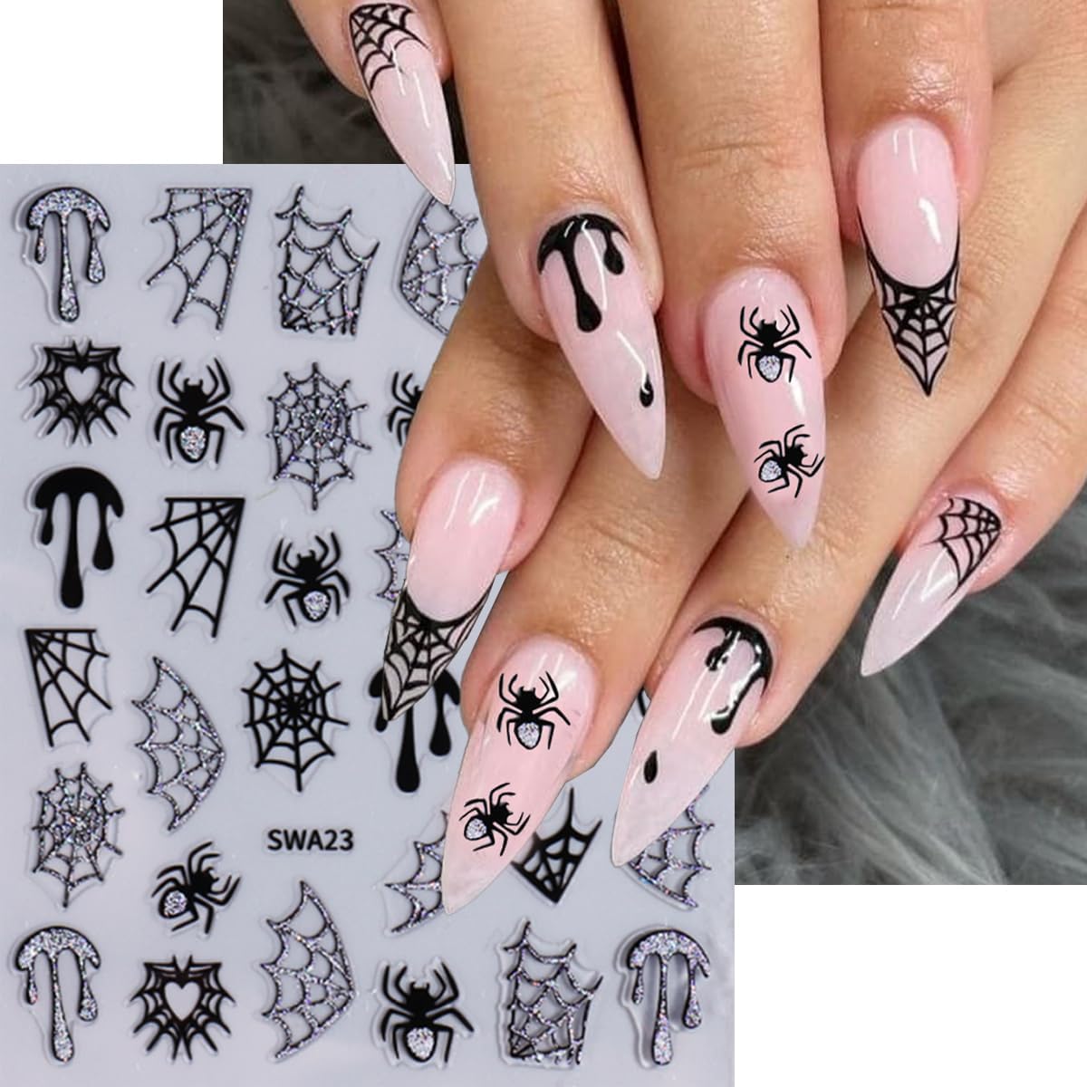 Spider Web Nail Stickers Halloween Nail Sticker for Nail Art 3D Self Adhesive Nail Decals Star Heart Water Drop Flame Design Spider Nail Art Stickers for Women DIY Salon Manicure 6 Sheet