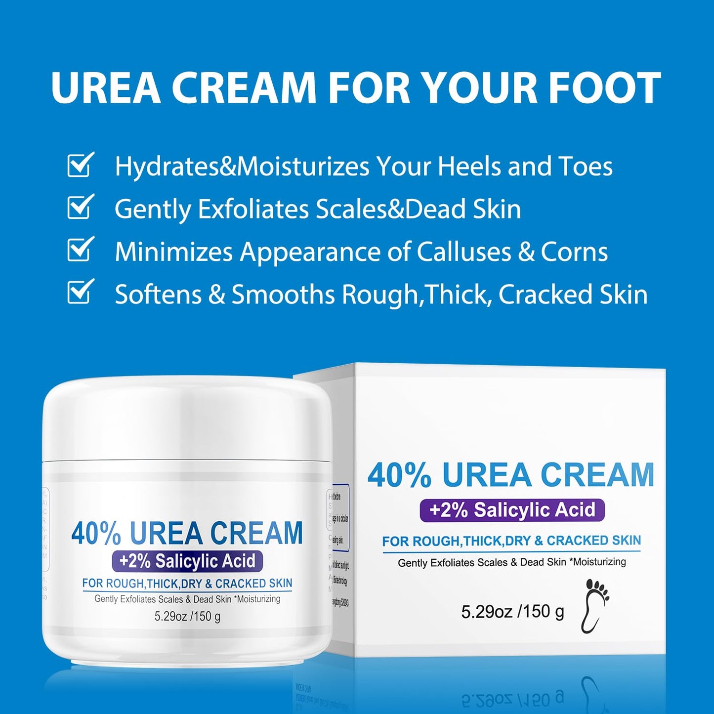 Urea Cream 40 Percent for Feet,40% Urea 2% Salicylic Acid Foot Cream,Foot Cream and Hand Cream with Cocos Nucifera Oil,Tea Tree,Aloe Vera,Vitamin E (5.29 OZ/150g)