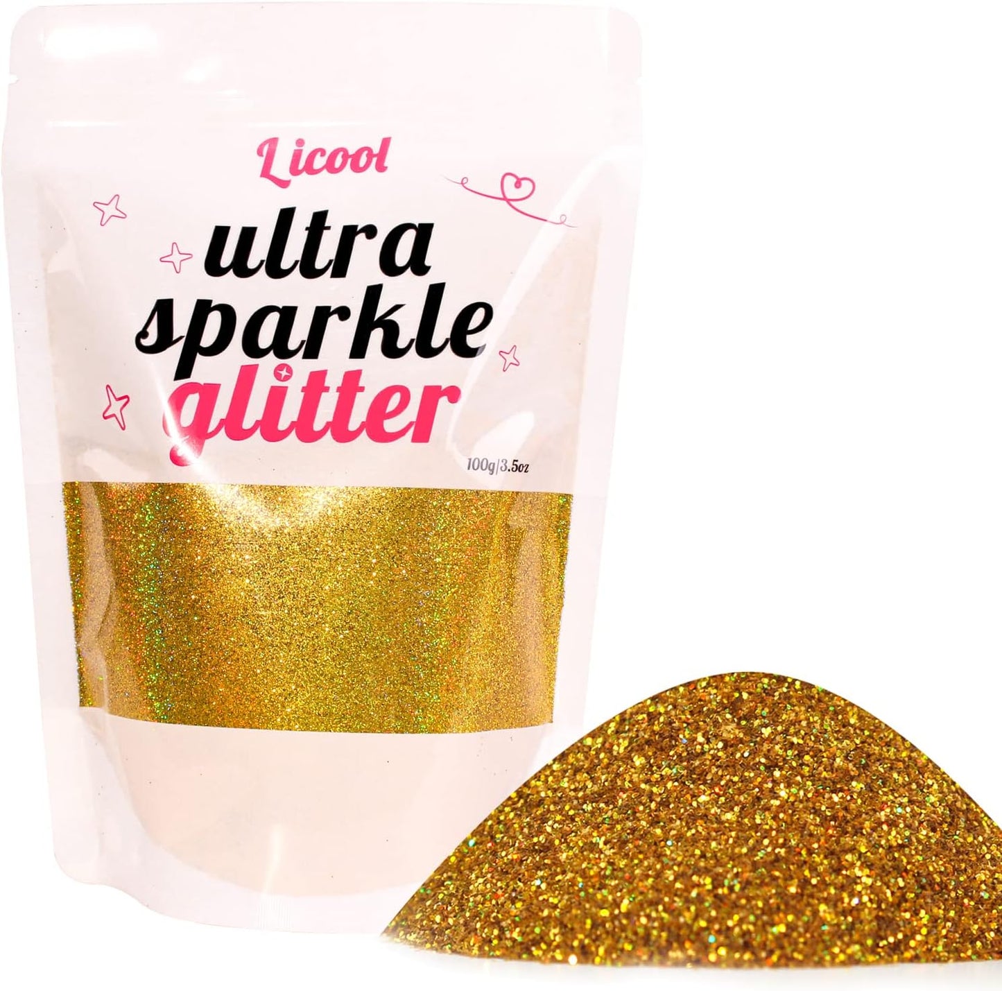 Holographic Extra Fine Glitter Powder, 100g Craft Glitter for Epoxy Resin, Iridescent Sequins, Loose Glitter for Face Body Hair Eye, Cosmetic Glitter for Festival Decoration (Laser Gold)