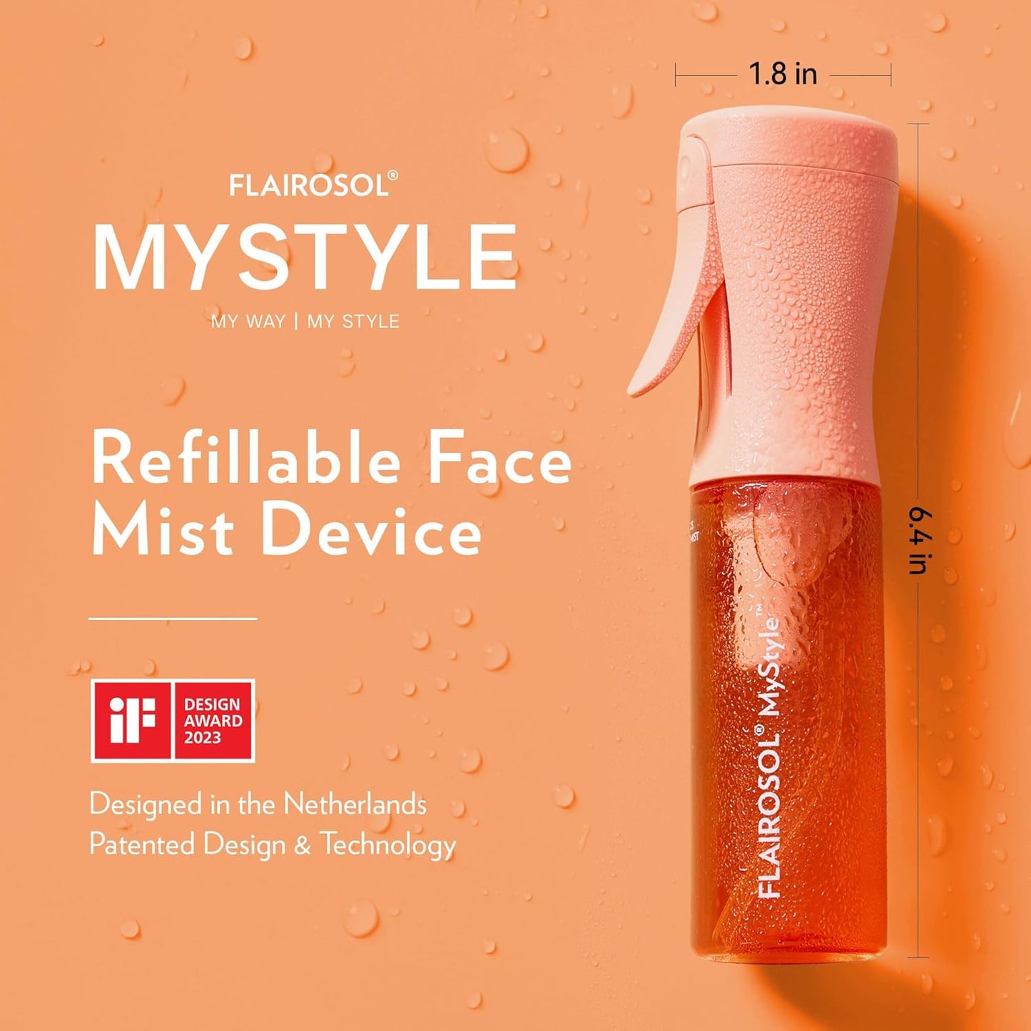 FLAIROSOL MyStyle, Spray Bottle for Hair - Small Travel Spray Bottle, Ultra Fine Continuous Water Mist for Face, Hairstyling, Salon, Cleaning, Beauty, Toners, Hydration & Makeup, 3.04oz / 90ml, Peach