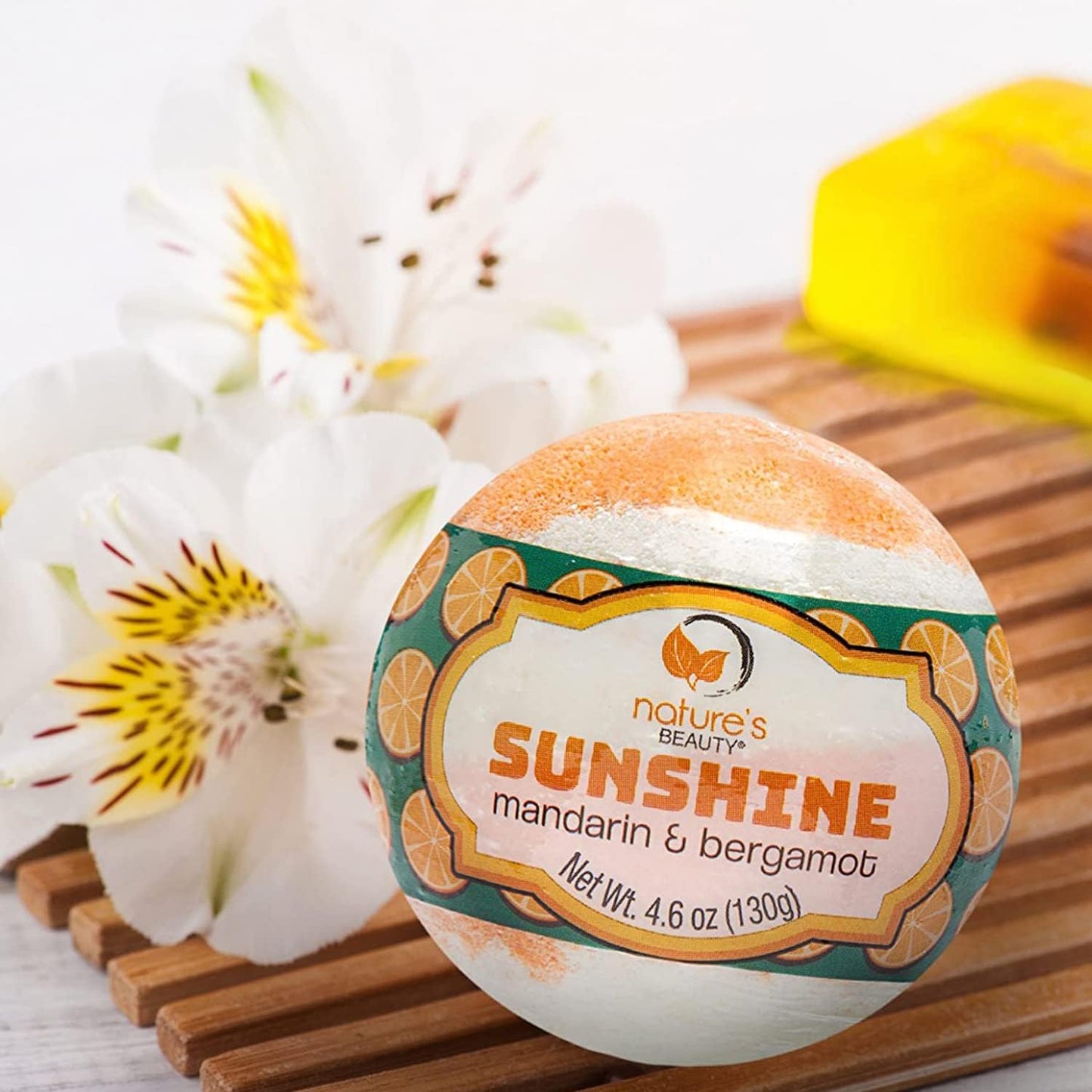 Nature's Beauty Sunshine Mandarin & Bergamot Bath Bomb Multi-Pack - Natural Hand Crafted, Non-Staining, Luxury Fizzy Spa Bomb, Nourishe Dry Skin, Made w/Coconut Oil + VIT. E, 4.6oz (4 Pack)