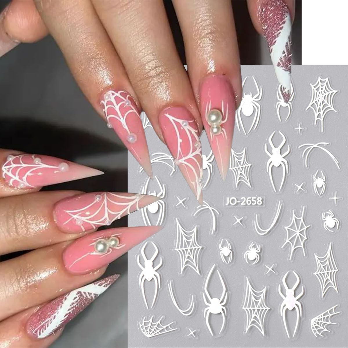 Spider Web Nail Stickers 3D Self Adhesive Nail Decals Halloween Nail Art Stickers Black Red Spider Star Design Cute Nail Sticker for Nail Art DIY Holiday Salon Manicure Accessories for Women 8Sheets