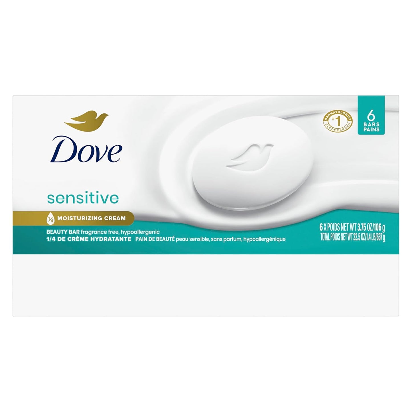 Dove Beauty Bar Soap Sensitive, 6 Bars for Sensitive Skin, Fragrance Free and Hypoallergenic 3.75 oz