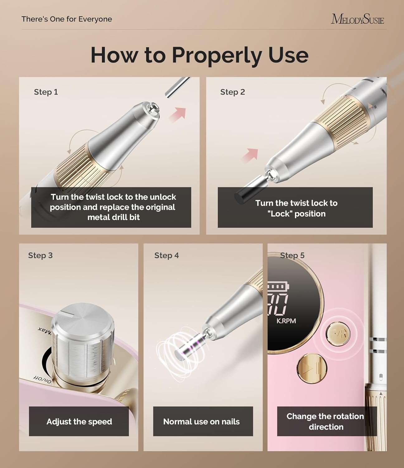 MelodySusie Portable Nail Drill 30000 RPM,Professional Rechargeable Electric Nail File,SC320F Cordless Nail E File for Acrylic Nails Gel Polishing Removing,Efile Nail Kit for Manicure Salon Home,Pink