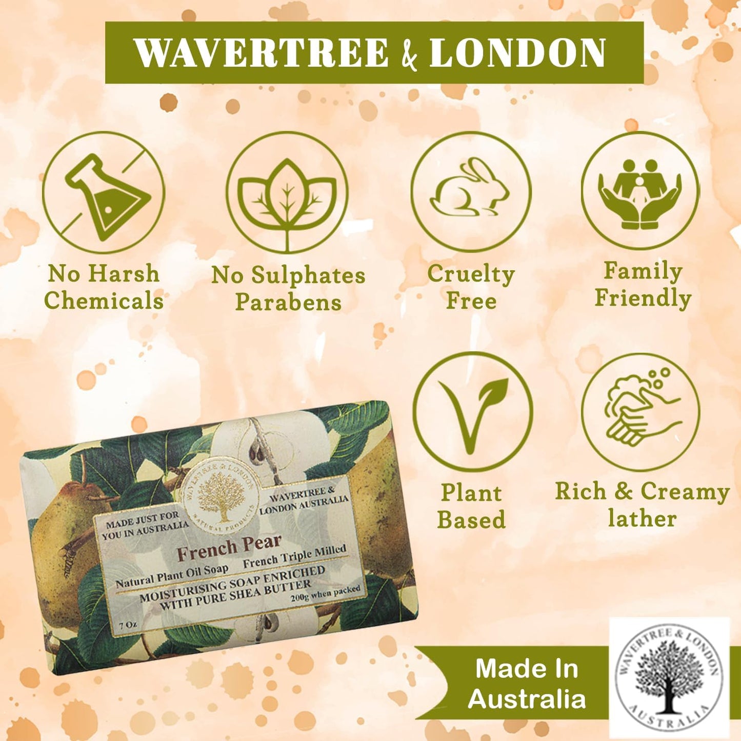 Wavertree & London French Pear Scented Natural Soap Bar, 7oz Moisturizing French Triple Milled Soap Bar for Women & Men enriched with shea butter - Pure Bath & Body soap bar for All Skin Types