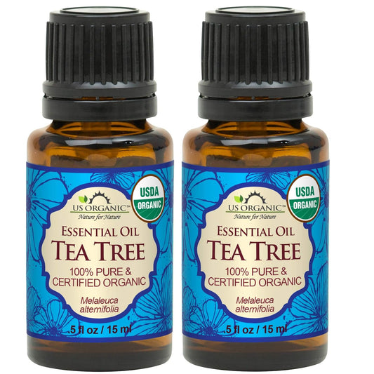 US Organic 100% Pure Tea Tree Essential Oil, Steam Distilled, USDA Certified Organic, for Hair, Skin, Scalp, Foot, Toenails, and More. Sourced from South Africa, Undiluted, Non-GMO (15 ml, 2 Pack)