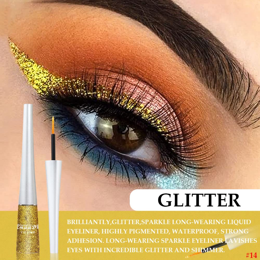 evpct 2Pcs Gold Champagne Gold Color Liquid Glitter Eyeliner Sets Eyeliner Glitter Liquid Liners for Women Liquid Sparkly Glitter Eyeliner delineador con glitter de colores para ojos colores 01+14