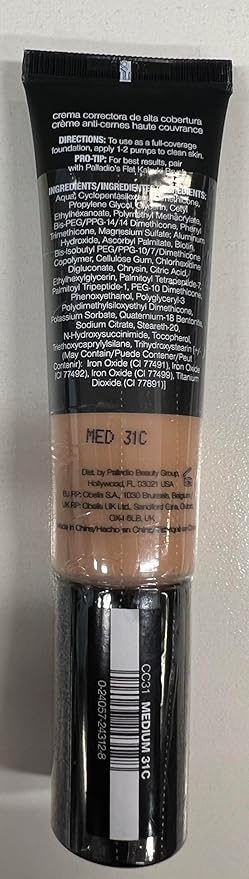 Palladio Full-Coverage Color Correction CC Cream, Oil-Free with Peptides & Vitamin C, Best for Correcting Redness and Uneven Skin Tone, Buildable Foundation Coverage (Med 31C)
