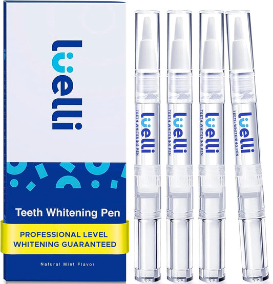 Luelli Teeth Whitening Pen, 20+ Uses - Travel Size Professional Tooth Whitener Serum, Extra Strength Organic Teeth Bleaching Gel for Sensitive Teeth, Instant Stain Removal, Simply White Smile, 4 Count