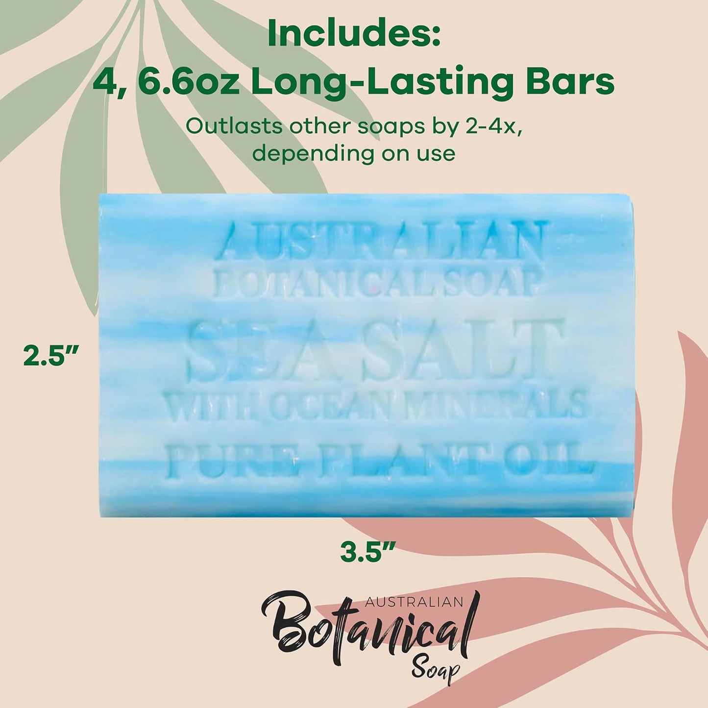 Australian Botanical Soap Sea Salt with Ocean Minerals 6.6 oz Luxury Soap Bars Enriched with Shea Butter, Pack of 4 - Packaging May Vary