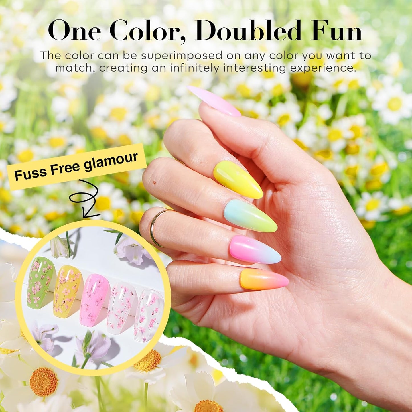 AZUREBEAUTY Dip Powder Nail Kit Bright Yellow with Base Top Coat Activator Dried Flowers for French Nails Art Manicure DIY Salon