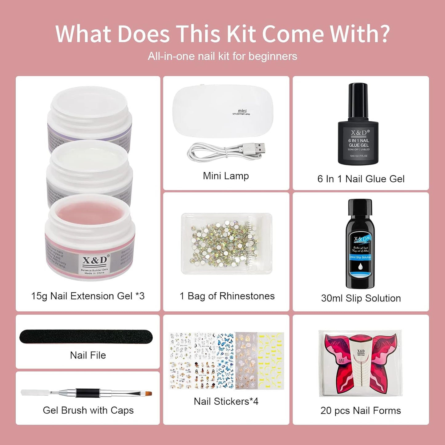 X&D Poly Gel Nail Kit 3 Colors Natural Clear Colors Poly Nail Gel Kit Nail Extension Builder Nail Gel Quick Manicure Home DIY Set for Women (Transparent, Nude Pink, White)