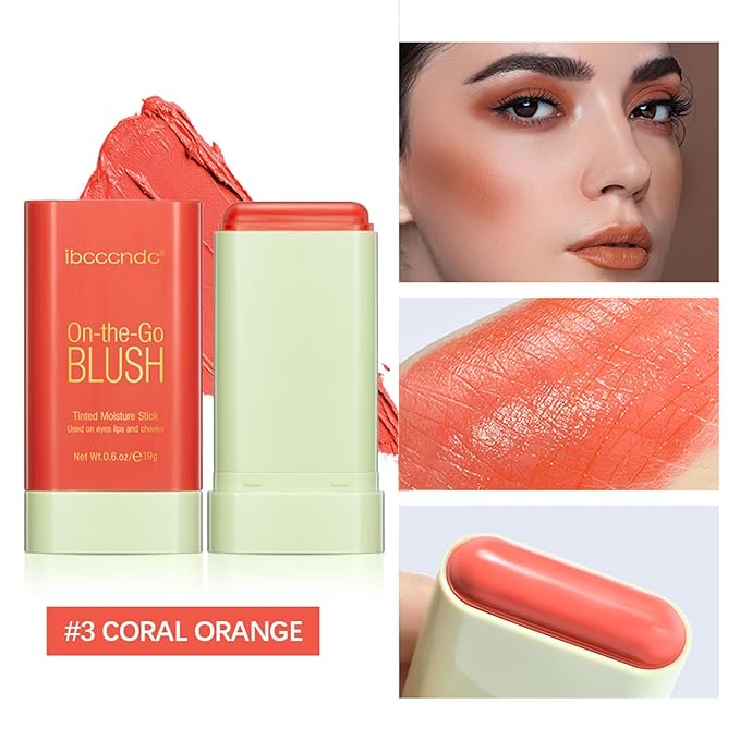MEICOLY Multi Use Makeup Blush Stick,On-the-Go 2-in-1 Lip Cheek Cream Blush Stick,Waterproof Solid Face Blush Makeup Cheek Tint,Natural Matte Blush Stick for Cheeks,Tinted Moisture Stick,03 Orange